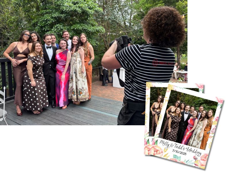Group of guests pose for photographer and printed magnet of this photo overlaid